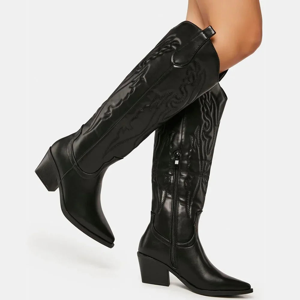 Damen kniehohe Cowboystiefel im Western-Stil | Elegante Winterstiefel mit Reißverschluss im Vintage-Look bis Größe 43
