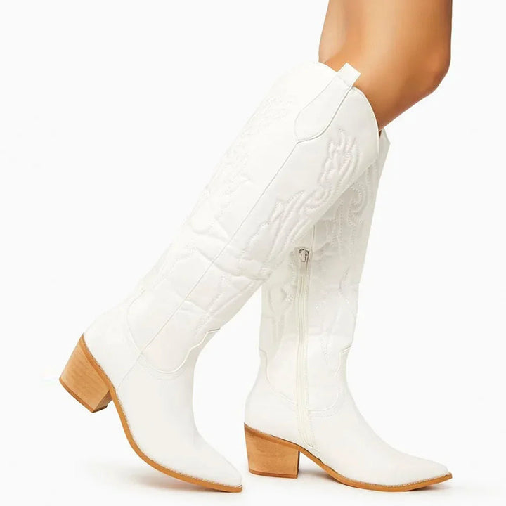 Damen kniehohe Cowboystiefel im Western-Stil | Elegante Winterstiefel mit Reißverschluss im Vintage-Look bis Größe 43