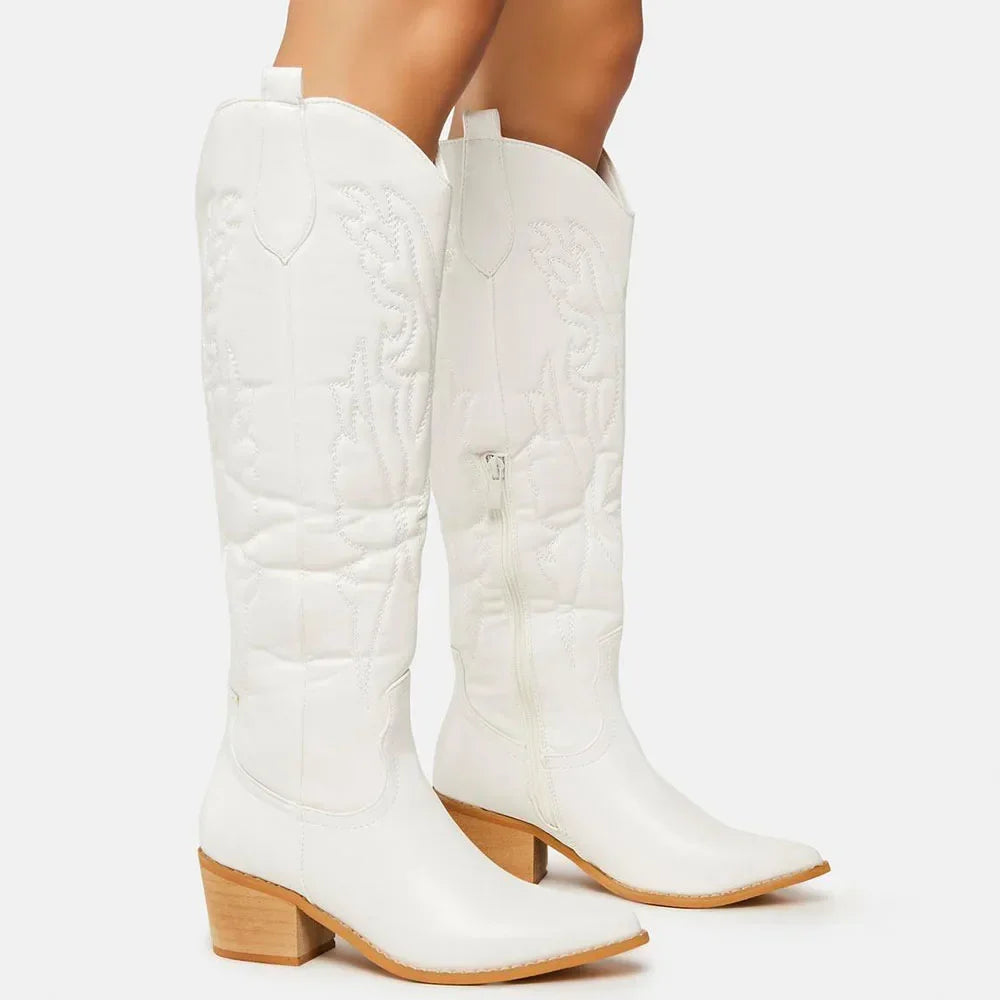Damen kniehohe Cowboystiefel im Western-Stil | Elegante Winterstiefel mit Reißverschluss im Vintage-Look bis Größe 43