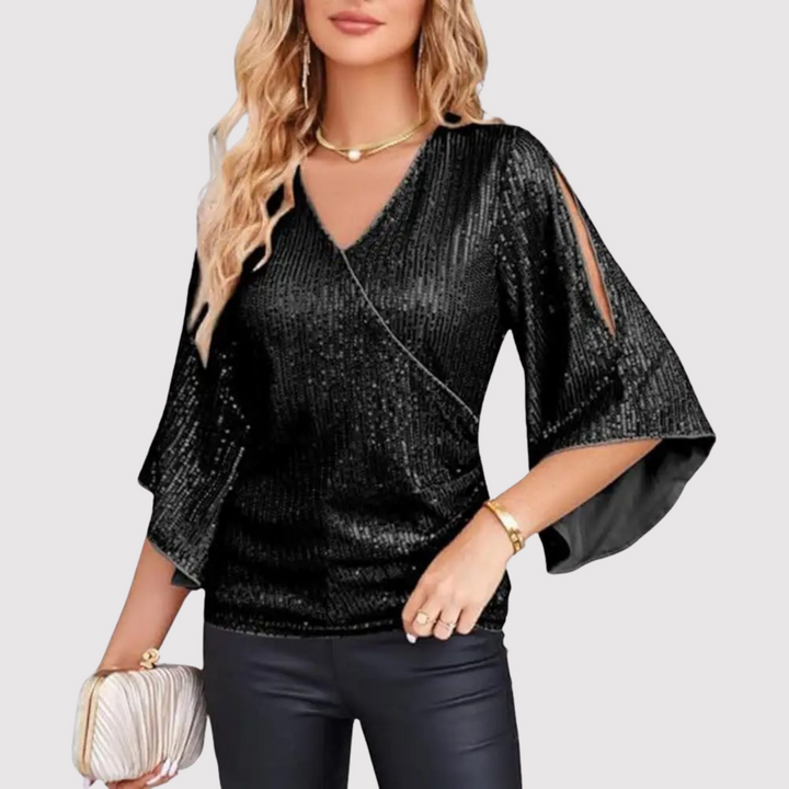 Damen Pailletten Oberteil mit kurzen Ärmeln | Glitzerndes Partyshirt mit leicht taillierter Passform für Silvester und festliche Anlässe