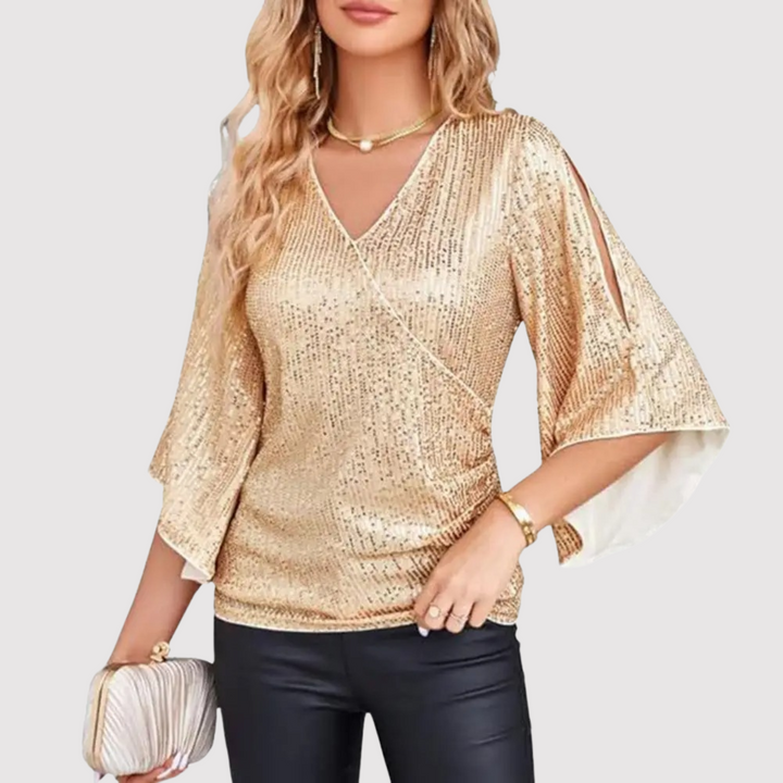 Damen Pailletten Oberteil mit kurzen Ärmeln | Glitzerndes Partyshirt mit leicht taillierter Passform für Silvester und festliche Anlässe