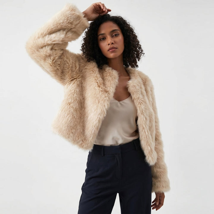 Damen Kunstfelljacke kurz aus weichem Kunstpelz | Leichte Winterjacke im Cardigan-Stil für Alltag, Büro und elegante Anlässe