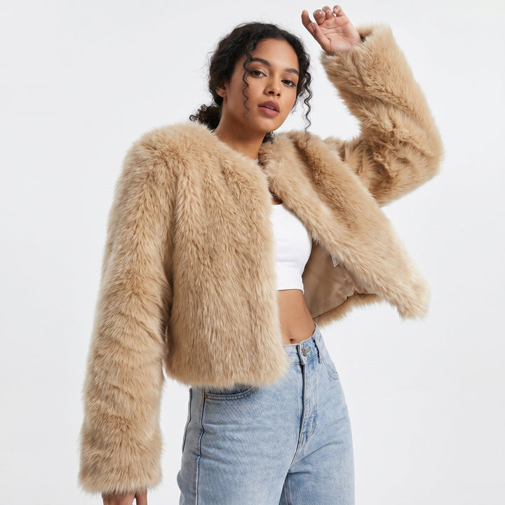Damen Kunstfelljacke kurz aus weichem Kunstpelz | Leichte Winterjacke im Cardigan-Stil für Alltag, Büro und elegante Anlässe
