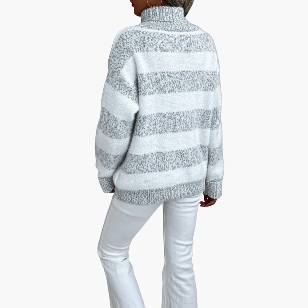 Damen Rollkragenpullover | Gestreifter Strickpullover mit langen Ärmeln, gerippten Bündchen und hüftlangem Schnitt für den Alltag