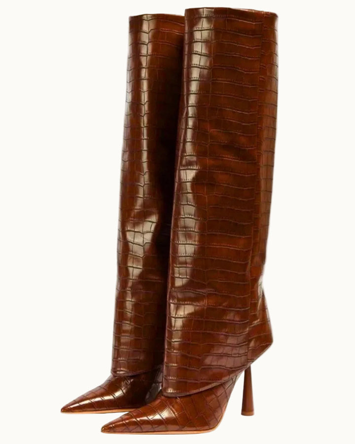 Damen Kniestiefel mit Absatz | Elegante Stiefel mit Krokodilprägung, spitzer Schuhspitze und schmalem Absatz für Herbst und Winter