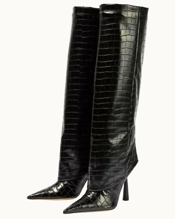 Damen Kniestiefel mit Absatz | Elegante Stiefel mit Krokodilprägung, spitzer Schuhspitze und schmalem Absatz für Herbst und Winter