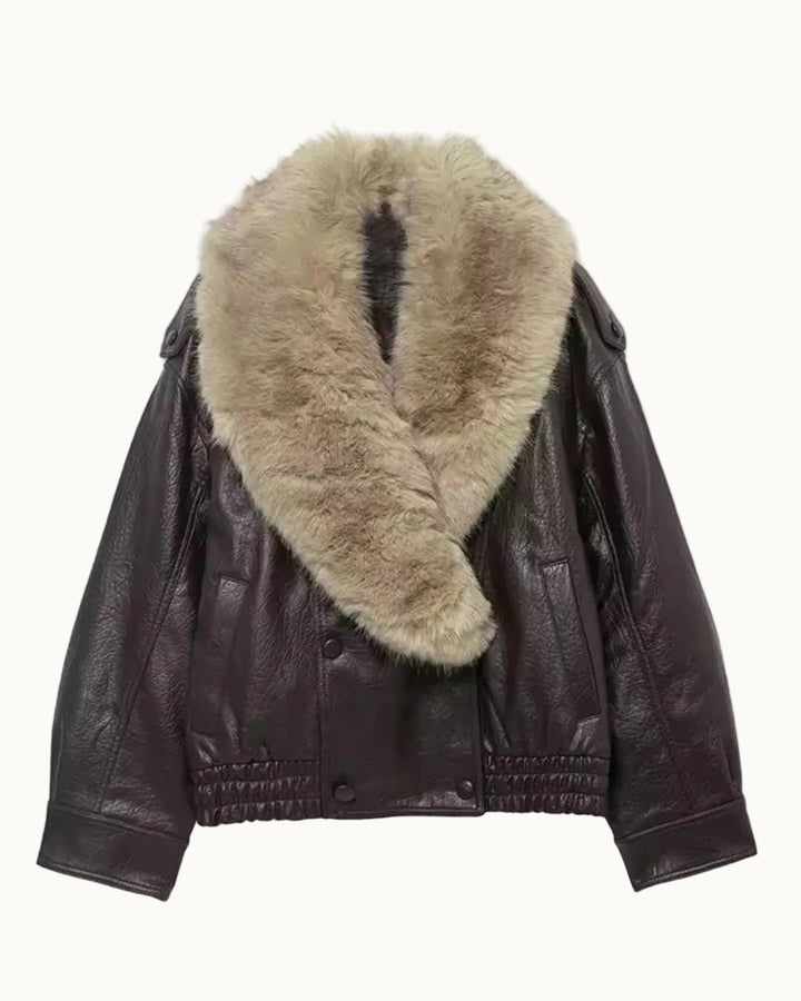 Damen Pilotenjacke mit Kunstfellkragen | Übergroße Fliegerjacke in Lederoptik mit elastischem Saum und Seitentaschen