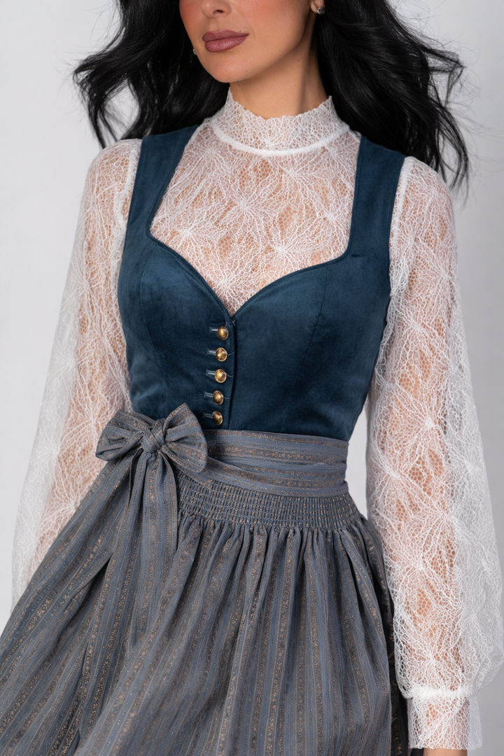 Dirndl Midi Damen | Samt-Dirndl mit 70 cm Rocklänge, Knopfleiste und gemusterter Schürze für festliche Anlässe