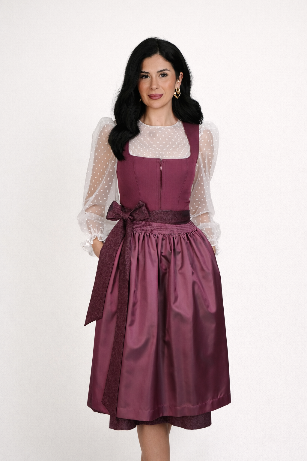 Dirndl Midi Damen | Elegantes Dirndl mit 70 cm Rocklänge, klarem Mieder und schimmernder Schürze für Festanlässe