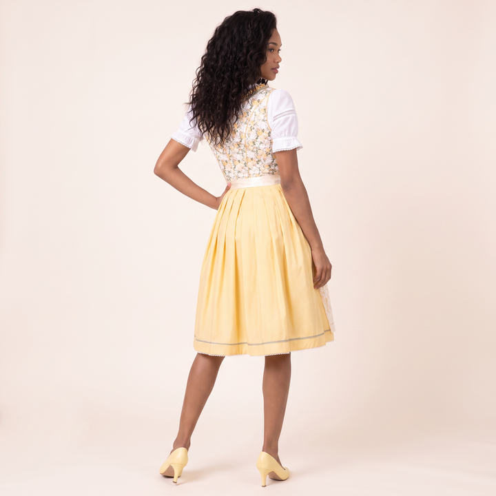 Dirndl Midi Damen | 2-teiliges Trachtenkleid mit Schnürmieder, Spitzenschürze und 58 cm Rocklänge