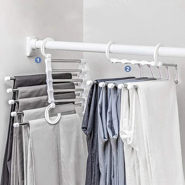 Cintre pliable 5-en-1 en acier inoxydable | Suspendre jusqu’à 5 pièces en économisant de la place | Horizontal et vertical | Antidérapant