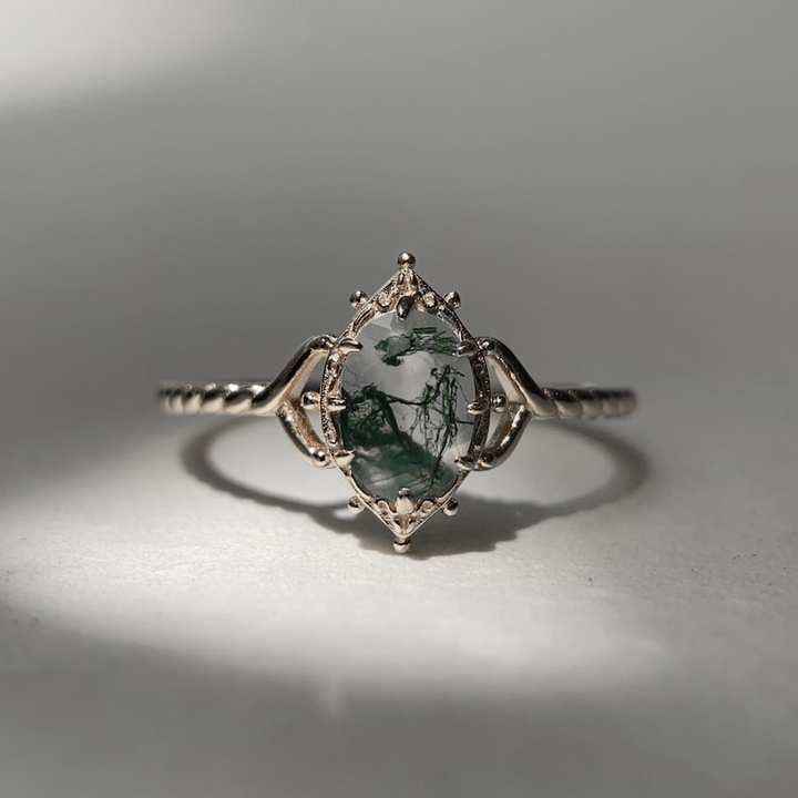 Ring | 925 sterling silver gold plated | Natural moss agate | Handmade engagement ring