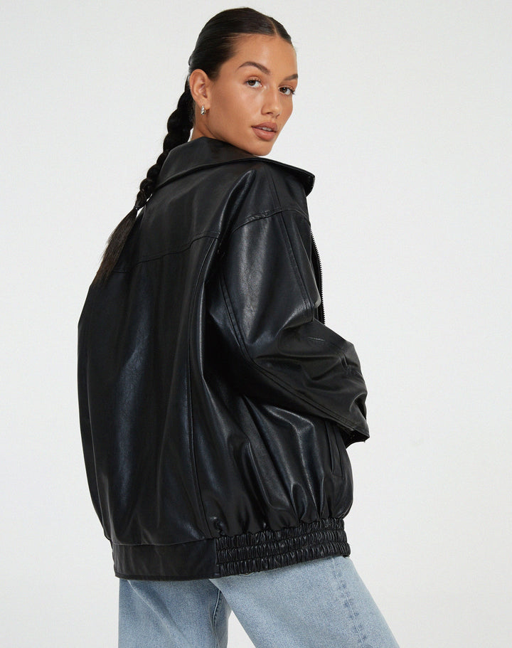Damen Kunstlederjacke lang in Braun | Winterjacke aus PU-Leder mit lockerem, leicht tailliertem Schnitt für Herbst und Winter