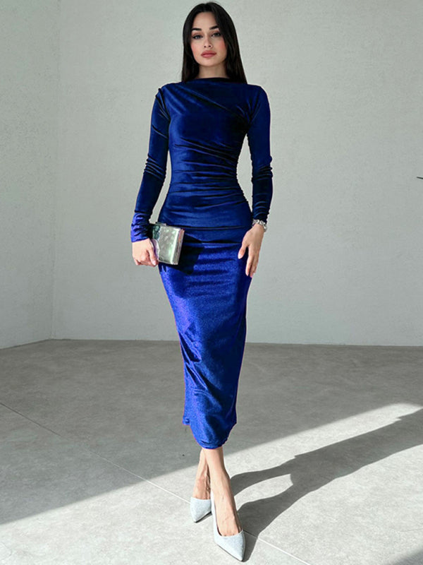 Damen Samtkleid in Smaragdgrün | Figurbetontes Midikleid mit langen Ärmeln, U-Boot-Ausschnitt und geraffter Taille für Abendmode