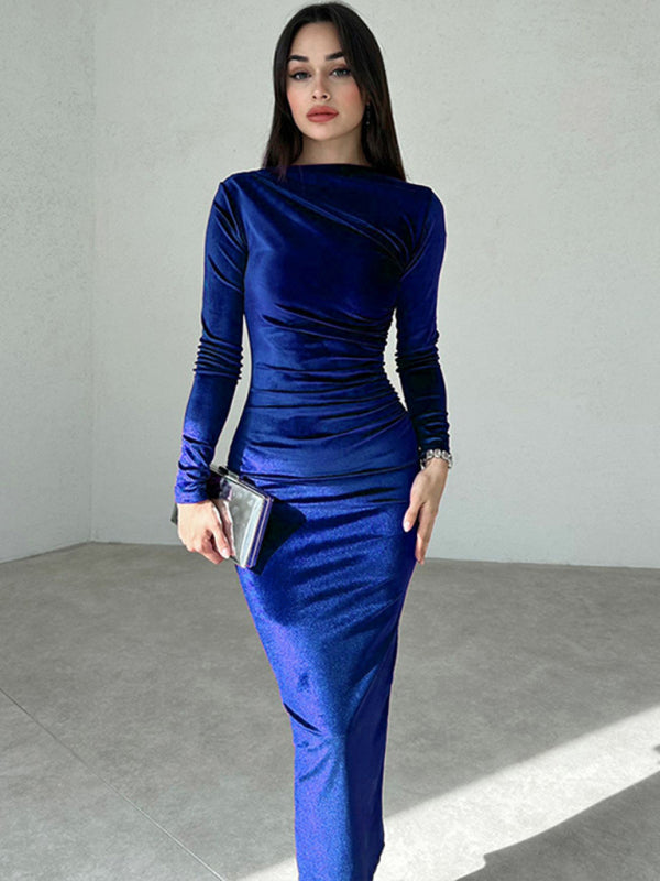 Damen Samtkleid in Smaragdgrün | Figurbetontes Midikleid mit langen Ärmeln, U-Boot-Ausschnitt und geraffter Taille für Abendmode