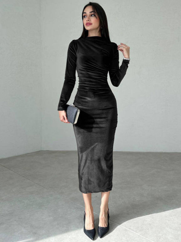 Damen Samtkleid in Smaragdgrün | Figurbetontes Midikleid mit langen Ärmeln, U-Boot-Ausschnitt und geraffter Taille für Abendmode