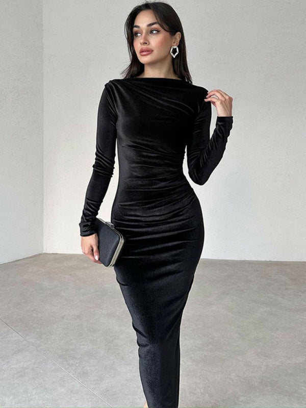 Damen Samtkleid in Smaragdgrün | Figurbetontes Midikleid mit langen Ärmeln, U-Boot-Ausschnitt und geraffter Taille für Abendmode