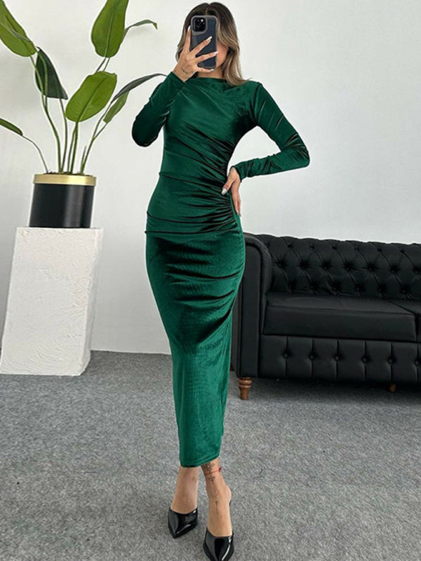 Damen Samtkleid in Smaragdgrün | Figurbetontes Midikleid mit langen Ärmeln, U-Boot-Ausschnitt und geraffter Taille für Abendmode