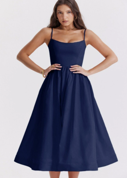 Damen Midikleid mit Schnürverschluss hinten | Schulterfreies A-Linien-Kleid mit eckigem Ausschnitt | Sommerfest