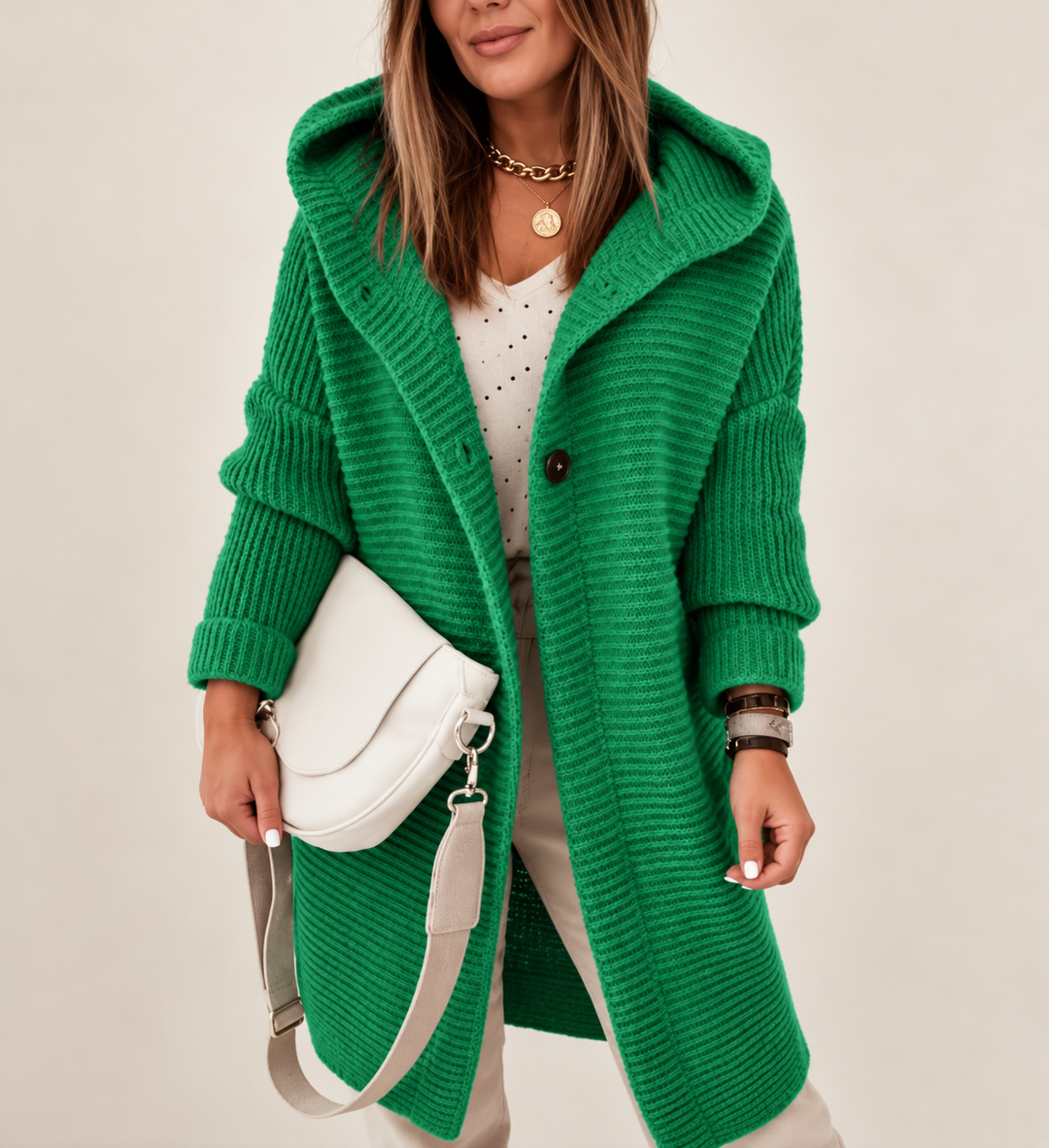 Damen lange Strickjacke mit Kapuze | Warmer Oversized Cardigan mit Knopfleiste, lockerer Passform und langen Ärmeln für Herbst und Winter