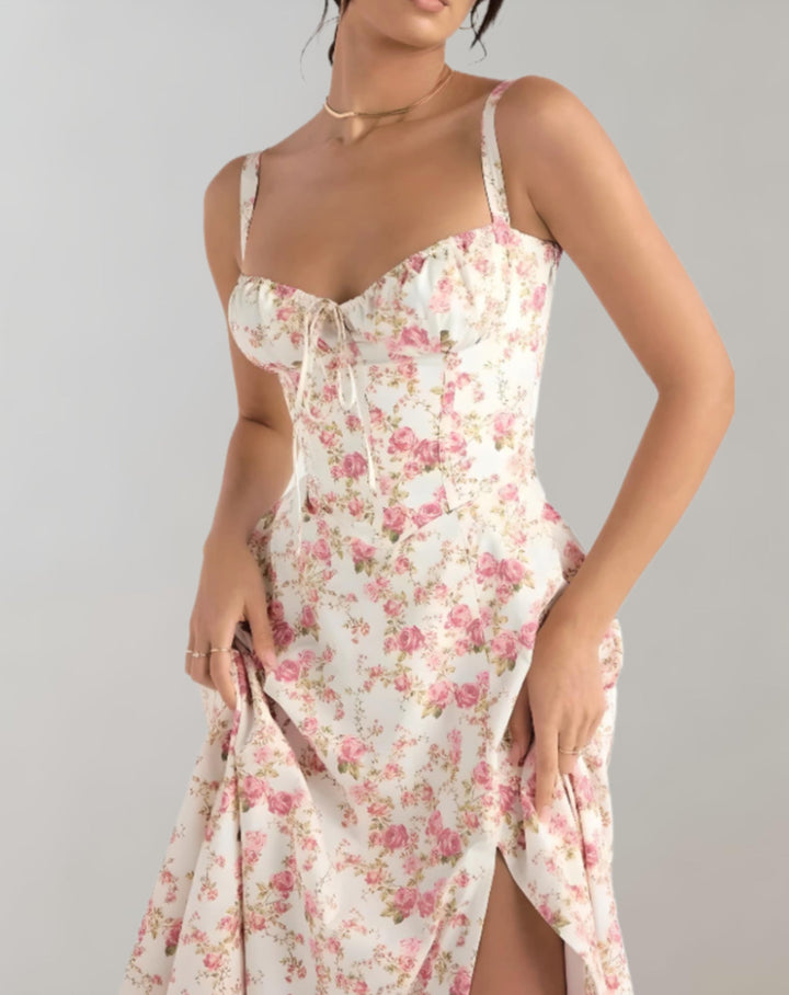 Midi-Kleid Damen mit Korsett &amp; Blumenmuster | Spaghettiträger, Kordelzug | Beinschlitz, luftig | Sommerkleid für Events