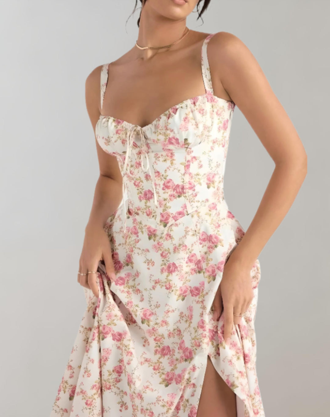Midi-Kleid Damen mit Korsett &amp; Blumenmuster | Spaghettiträger, Kordelzug | Beinschlitz, luftig | Sommerkleid für Events