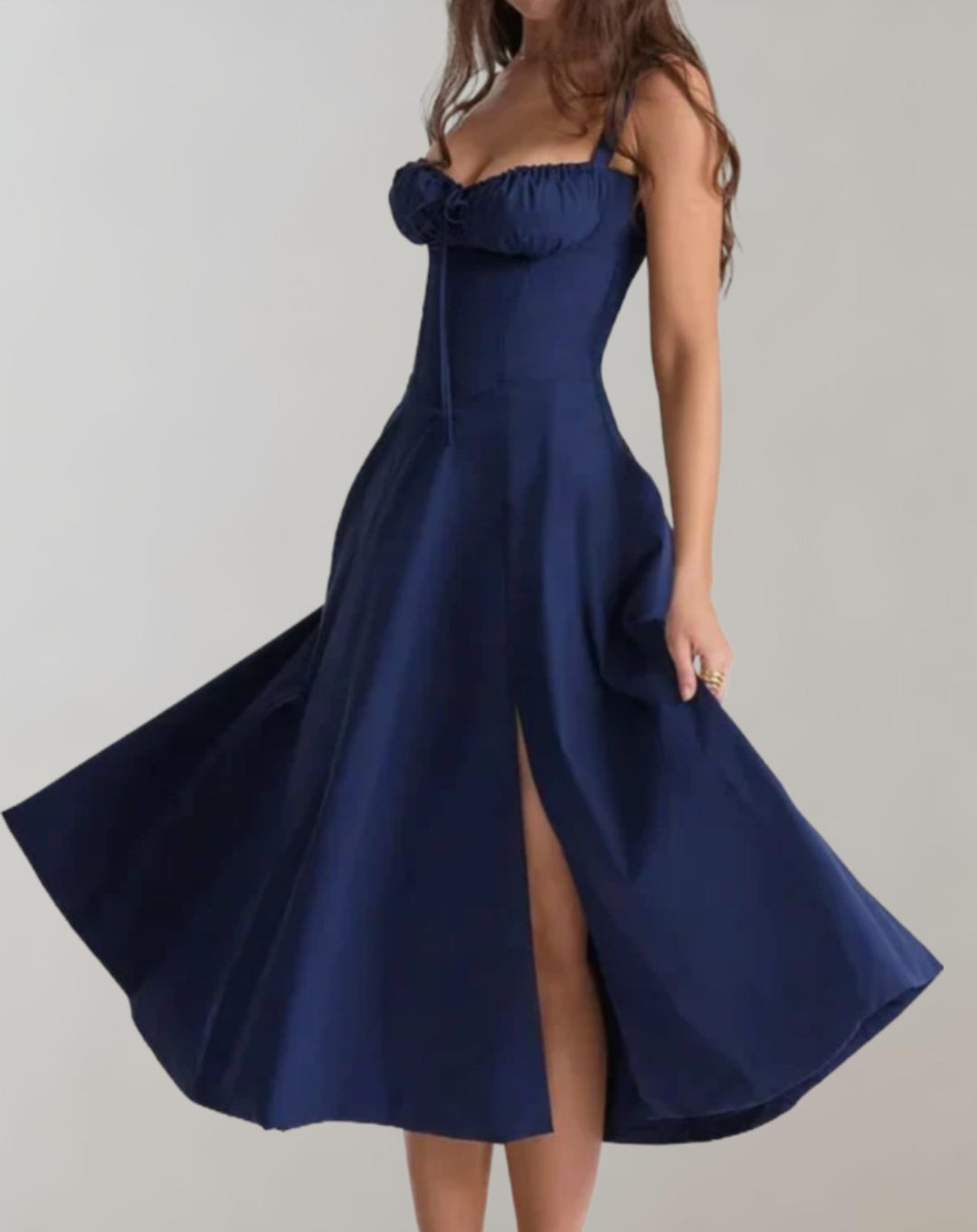 Midi-Kleid Damen mit Korsett &amp; Blumenmuster | Spaghettiträger, Kordelzug | Beinschlitz, luftig | Sommerkleid für Events