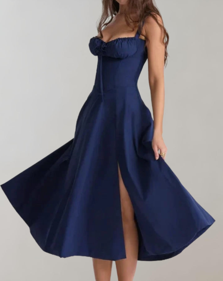 Midi-Kleid Damen mit Korsett &amp; Blumenmuster | Spaghettiträger, Kordelzug | Beinschlitz, luftig | Sommerkleid für Events