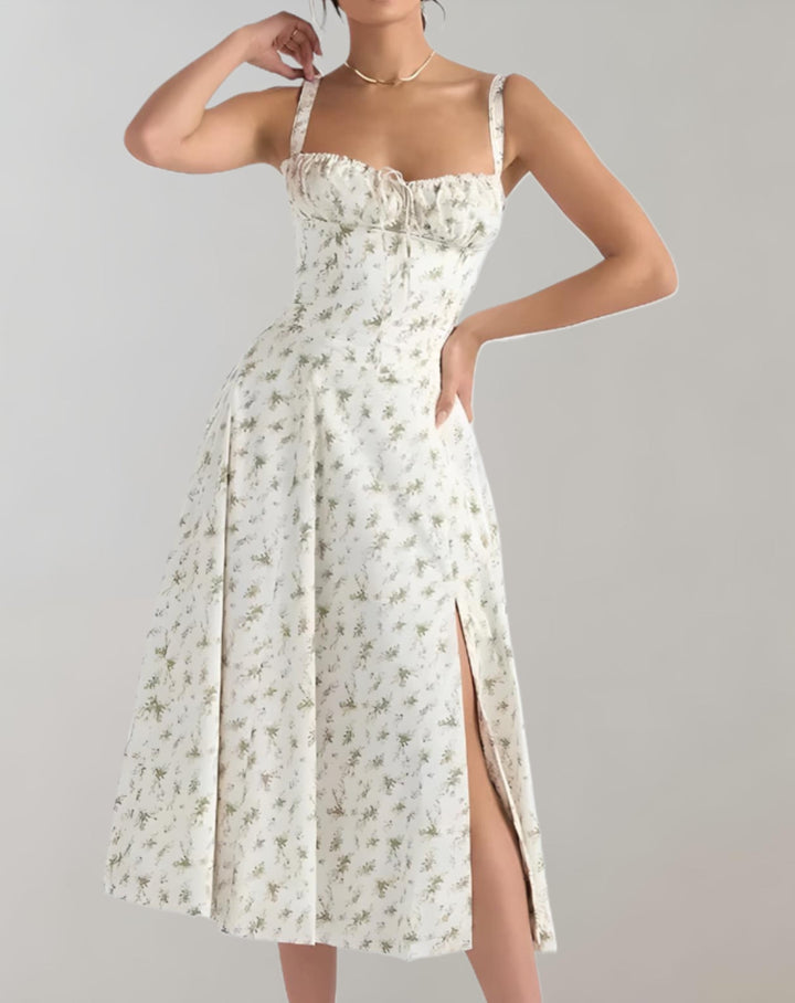 Midi-Kleid Damen mit Korsett &amp; Blumenmuster | Spaghettiträger, Kordelzug | Beinschlitz, luftig | Sommerkleid für Events