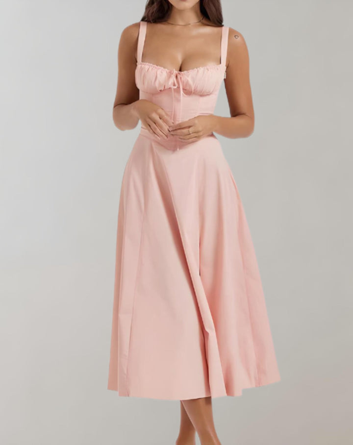 Midi-Kleid Damen mit Korsett &amp; Blumenmuster | Spaghettiträger, Kordelzug | Beinschlitz, luftig | Sommerkleid für Events