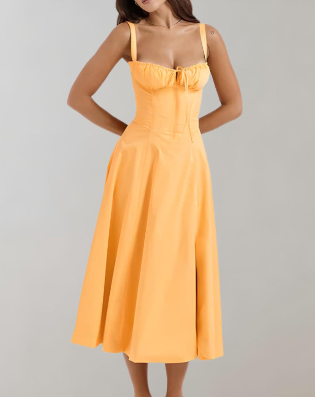 Midi-Kleid Damen mit Korsett &amp; Blumenmuster | Spaghettiträger, Kordelzug | Beinschlitz, luftig | Sommerkleid für Events