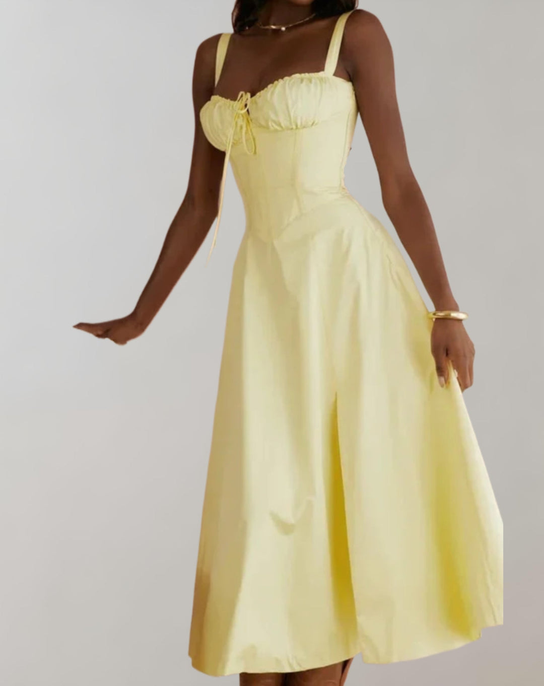 Midi-Kleid Damen mit Korsett &amp; Blumenmuster | Spaghettiträger, Kordelzug | Beinschlitz, luftig | Sommerkleid für Events