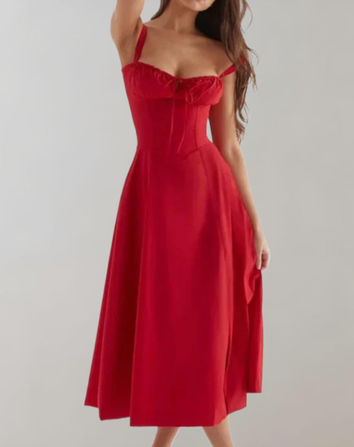 Midi-Kleid Damen mit Korsett &amp; Blumenmuster | Spaghettiträger, Kordelzug | Beinschlitz, luftig | Sommerkleid für Events