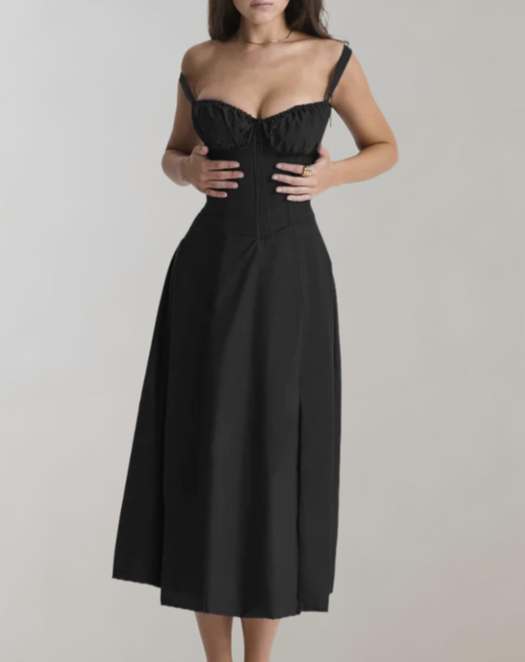 Midi-Kleid Damen mit Korsett &amp; Blumenmuster | Spaghettiträger, Kordelzug | Beinschlitz, luftig | Sommerkleid für Events