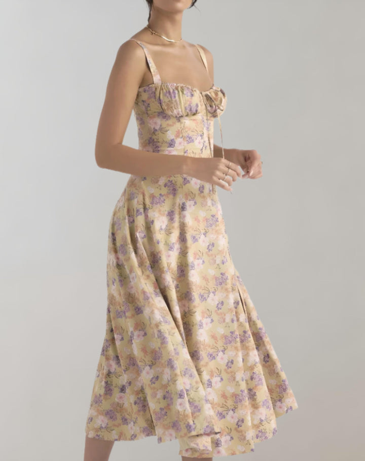 Midi-Kleid Damen mit Korsett &amp; Blumenmuster | Spaghettiträger, Kordelzug | Beinschlitz, luftig | Sommerkleid für Events