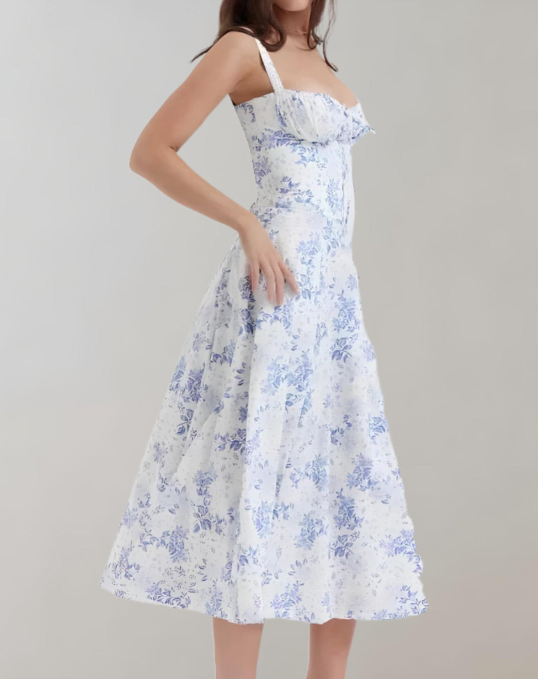 Midi-Kleid Damen mit Korsett &amp; Blumenmuster | Spaghettiträger, Kordelzug | Beinschlitz, luftig | Sommerkleid für Events