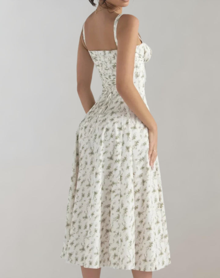 Midi-Kleid Damen mit Korsett &amp; Blumenmuster | Spaghettiträger, Kordelzug | Beinschlitz, luftig | Sommerkleid für Events