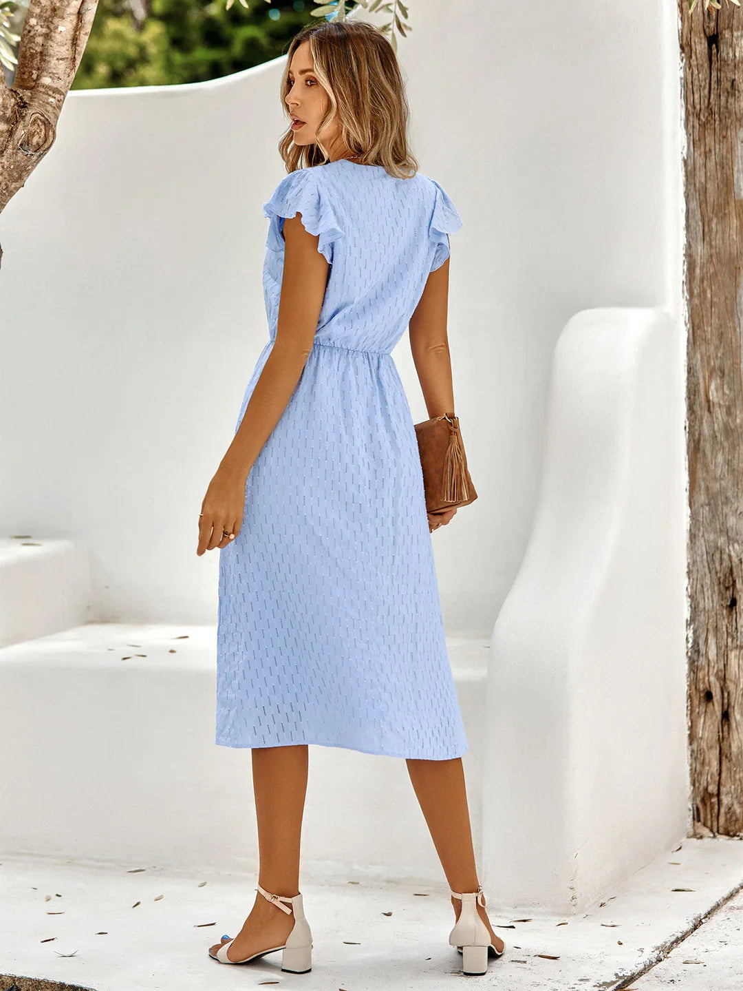 Damen Midi Kleid mit V-Ausschnitt &amp; Flatterärmeln | Tailliertes Sommerkleid mit A-Linien-Rock | Luftig &amp; Feminine Passform | Weiß, Blau, Grün