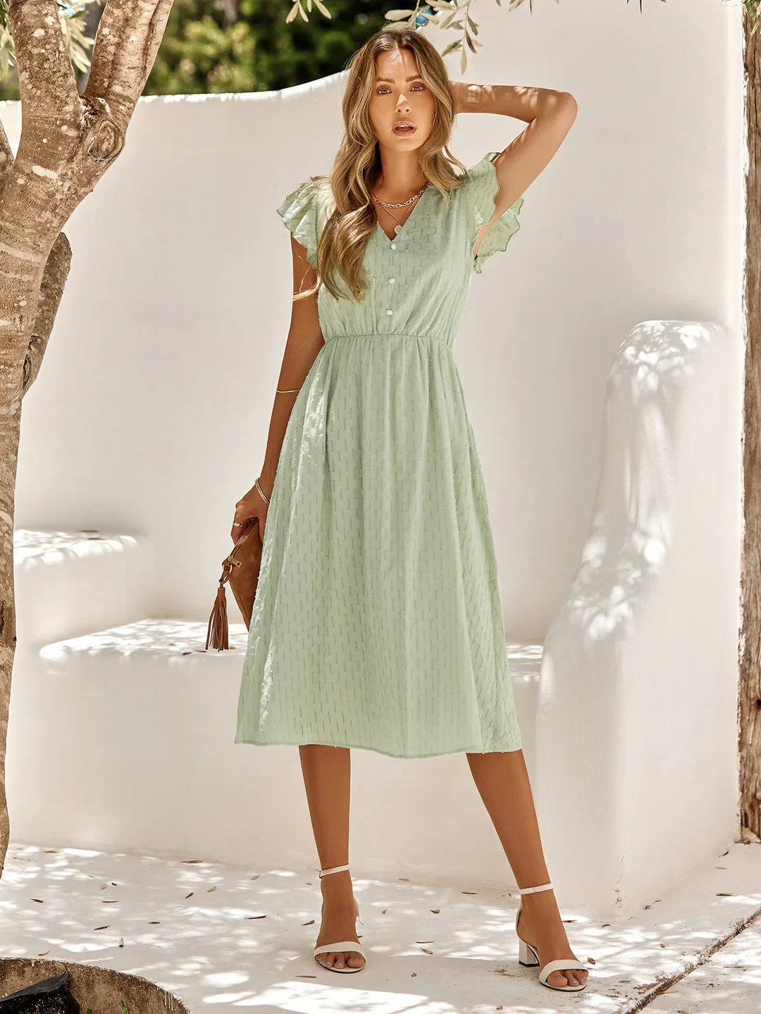 Damen Midi Kleid mit V-Ausschnitt &amp; Flatterärmeln | Tailliertes Sommerkleid mit A-Linien-Rock | Luftig &amp; Feminine Passform | Weiß, Blau, Grün