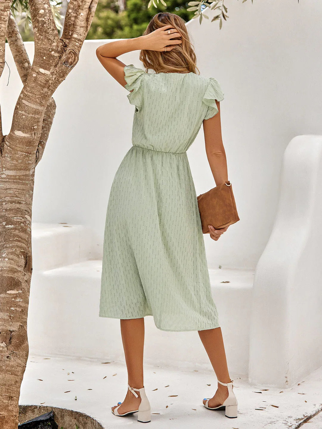 Damen Midi Kleid mit V-Ausschnitt &amp; Flatterärmeln | Tailliertes Sommerkleid mit A-Linien-Rock | Luftig &amp; Feminine Passform | Weiß, Blau, Grün