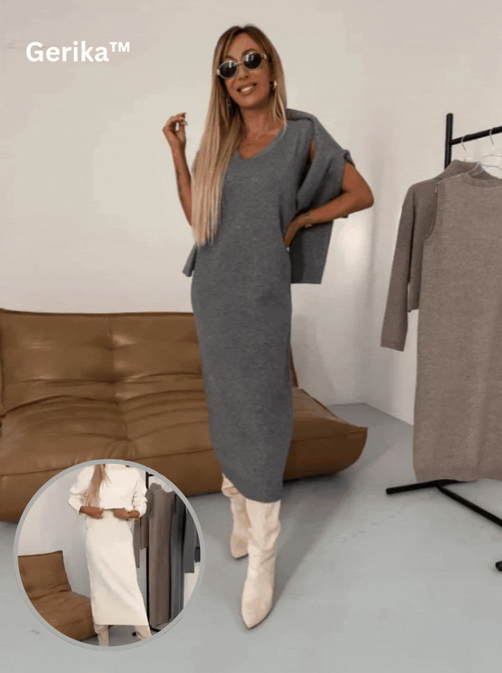 Damen Lagenkleid Set mit Rollkragenpullover | Midikleid + Strickpulli für Herbst &amp; Winter | Warm, weich &amp; vielseitig kombinierbar