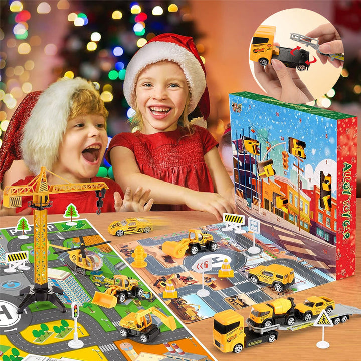 Baustellen Adventskalender für Kinder mit Baufahrzeugen | Weihnachtskalender mit Kran, Verkehrsschildern und Spielbrett aus Kunststoff