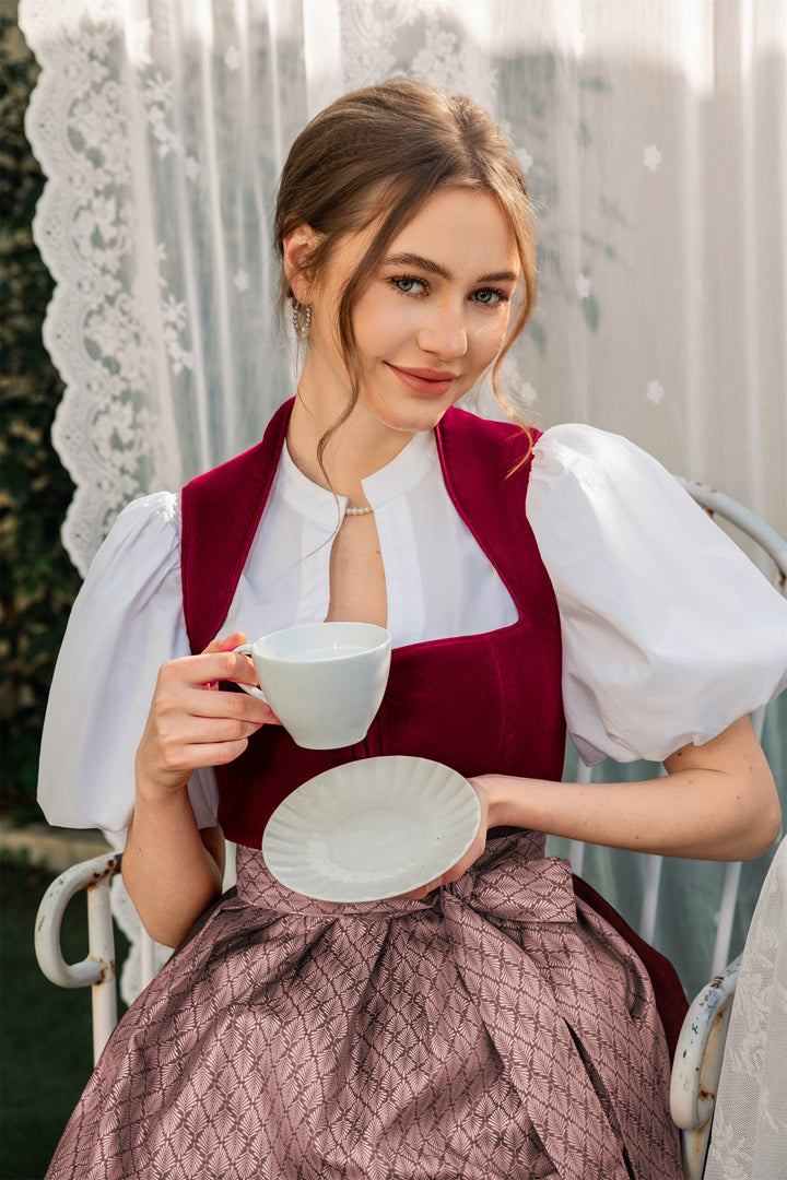 Dirndl Midi Damen | Rotes Samtdirndl mit Plissee-Schürze für Oktoberfest, Volksfest und festliche Anlässe
