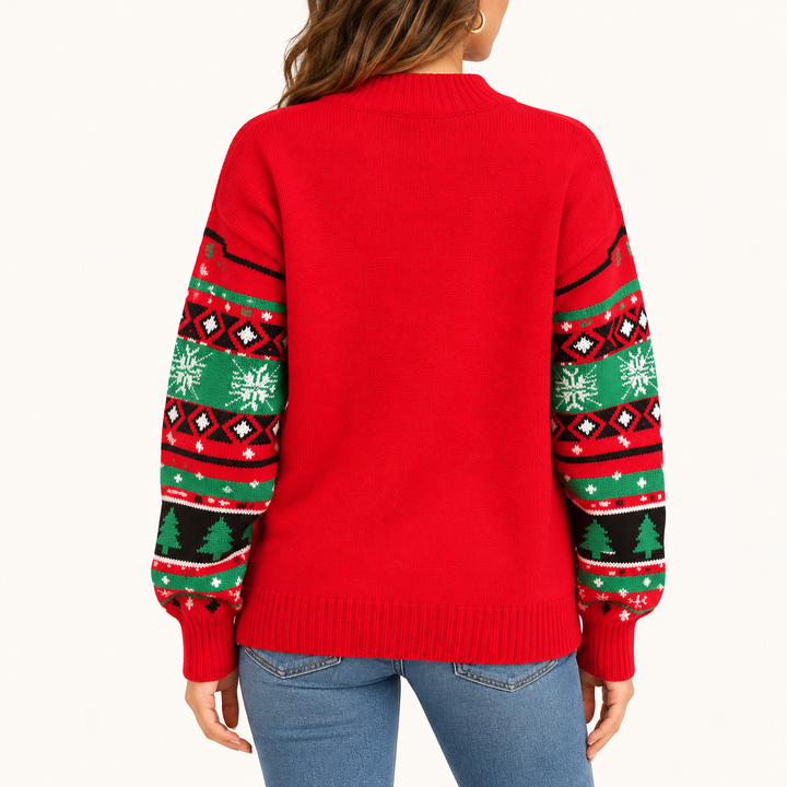 Damen Weihnachtspullover mit Rentiermotiv | Festlicher Strickpullover mit großem Rentiermuster, Rundhals und langen Ärmeln