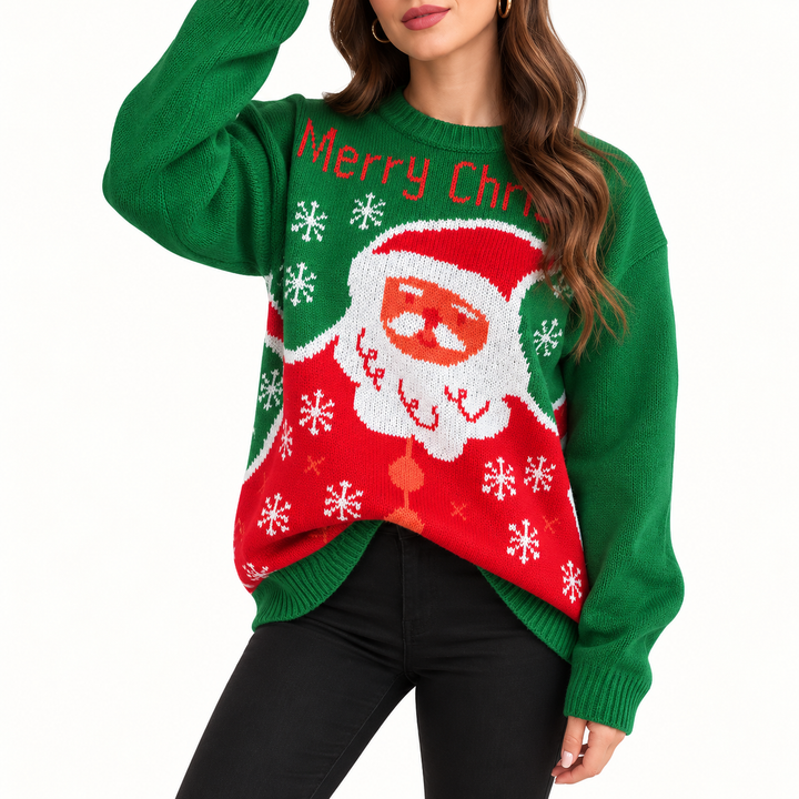 Damen Weihnachtspullover mit Weihnachtsmann | Festlicher Strickpullover mit Schneeflockenmuster, Rundhalsausschnitt und langen Ärmeln
