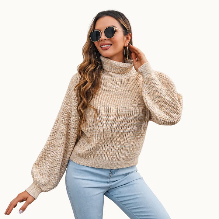 Damen Rollkragenpullover | Warmer Pullover mit Laternenärmeln, modernem Muster und bequemer Passform für Alltag und Freizeit