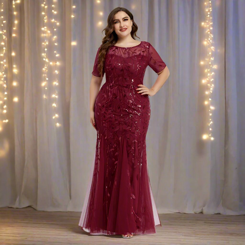 Damen Abendkleid in großen Größen | Elegantes Paillettenkleid mit Mesh-Stickerei und Meerjungfrau-Schnitt für festliche Anlässe