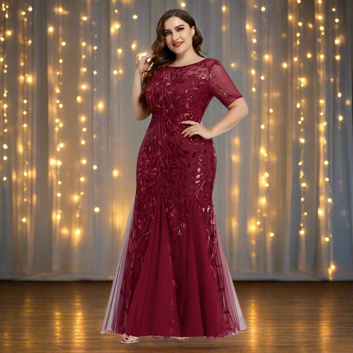 Damen Abendkleid in großen Größen | Elegantes Paillettenkleid mit Mesh-Stickerei und Meerjungfrau-Schnitt für festliche Anlässe