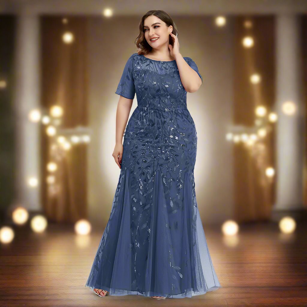 Damen Abendkleid in großen Größen | Elegantes Paillettenkleid mit Mesh-Stickerei und Meerjungfrau-Schnitt für festliche Anlässe