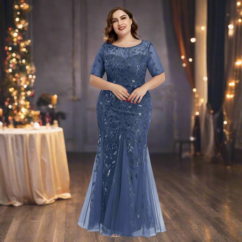 Damen Abendkleid in großen Größen | Elegantes Paillettenkleid mit Mesh-Stickerei und Meerjungfrau-Schnitt für festliche Anlässe